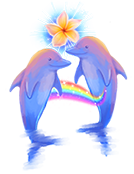 Two dolphins dancing on the water nd below a tropical flower with a rainbow